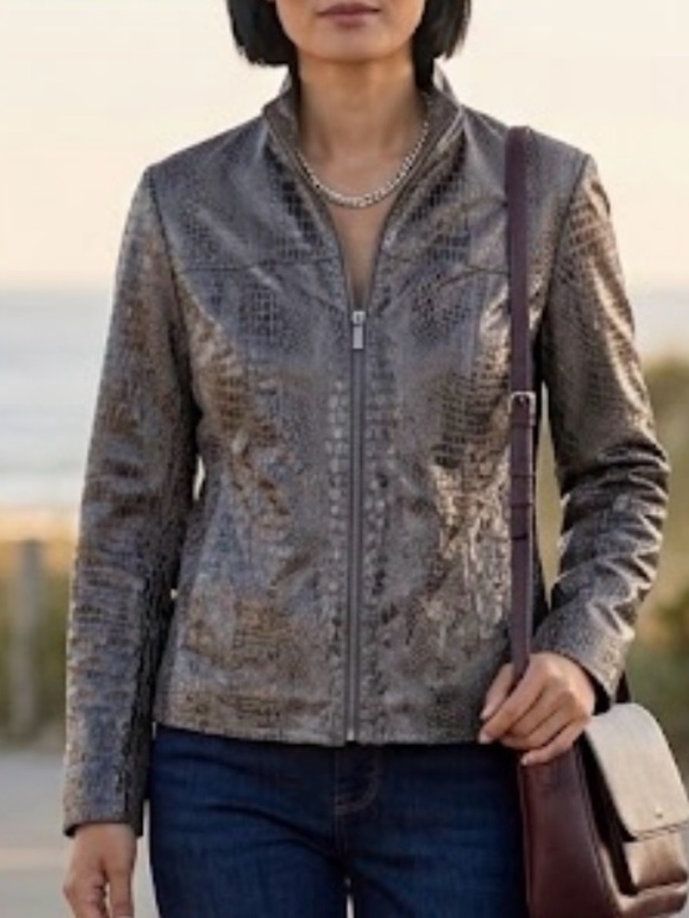 Erin london Croc-Embossed Dark Brown Zip Front Leather Jacket size CL